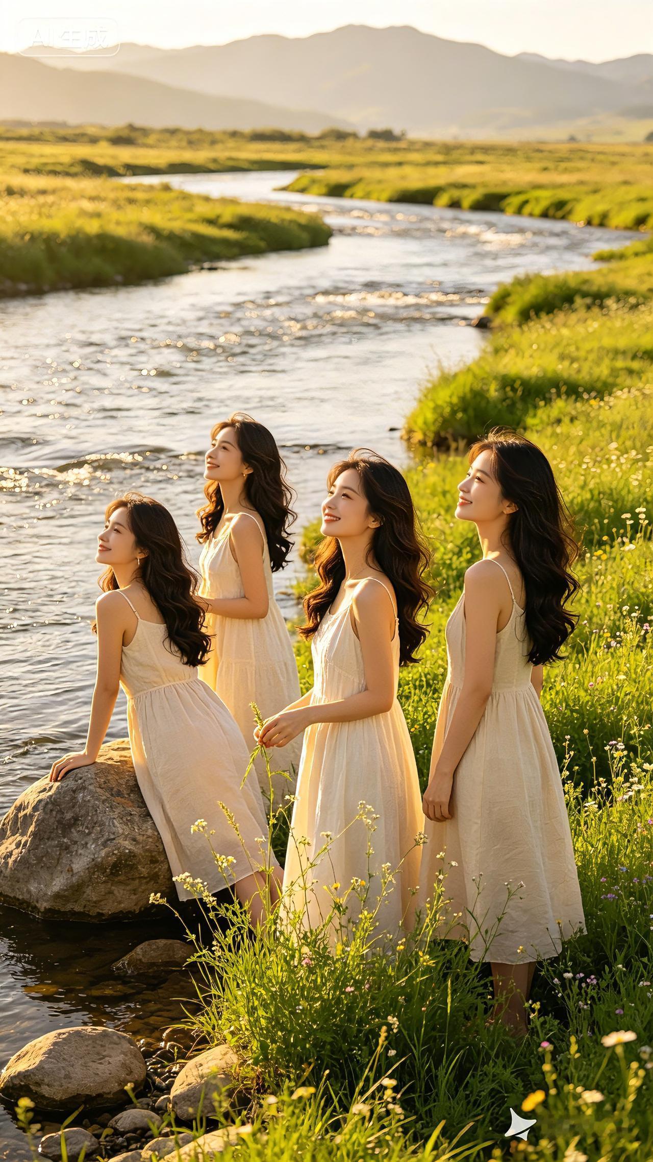 河畔四姝
曲水潺潺漾碧波，
繁花芳草满山坡。
四位佳人临岸立，
白衣袅袅韵姿和。