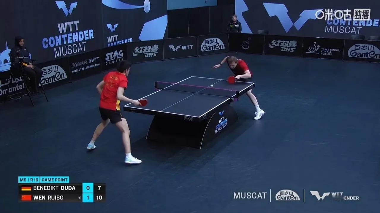 马斯喀特常规挑战赛，男单8强决赛温瑞博在前两局没有场外指导的情况下2一0德国名将