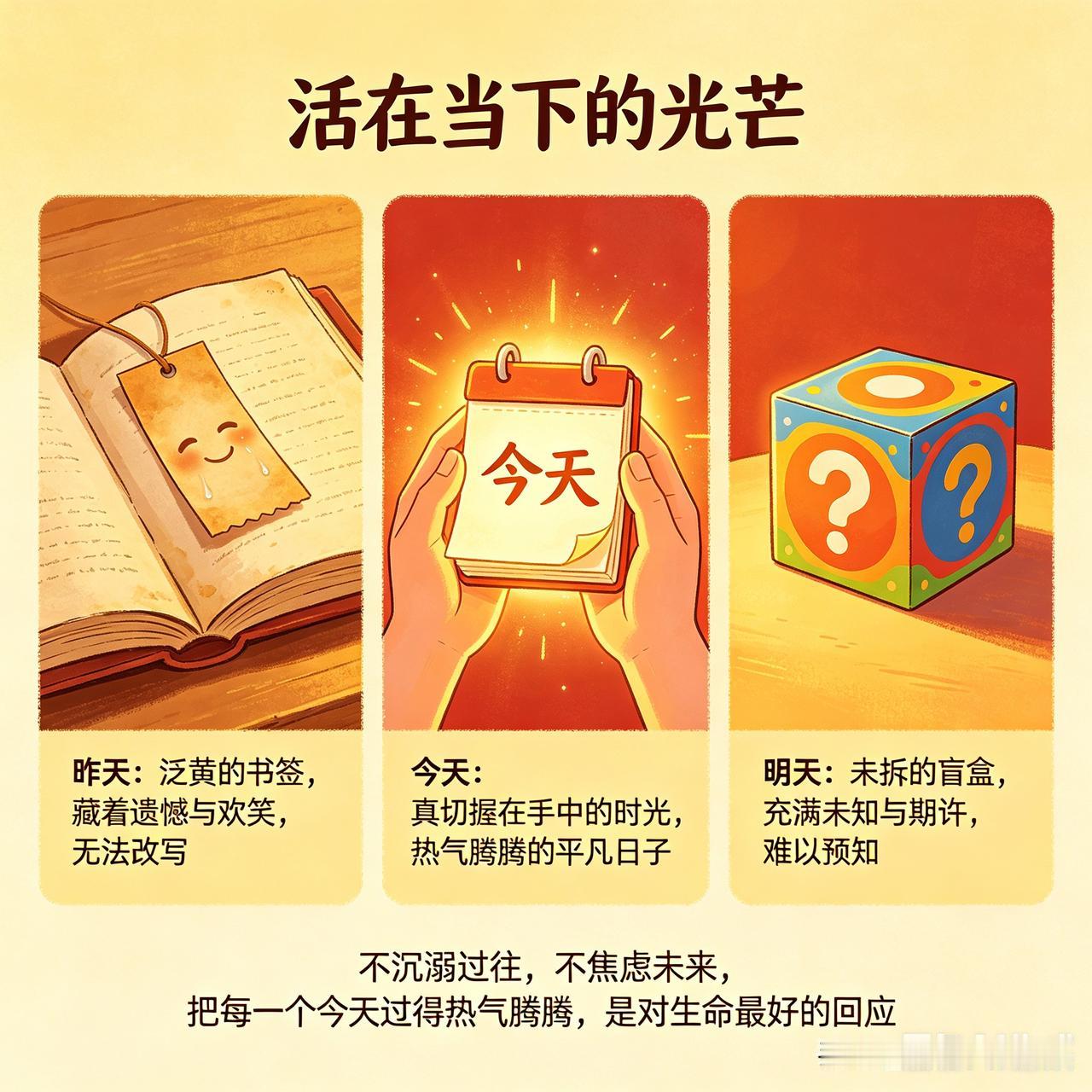 聚焦“昨天、今天、明天”的时间维度，探讨对过往的释怀、当下的珍惜与未来的憧憬，表