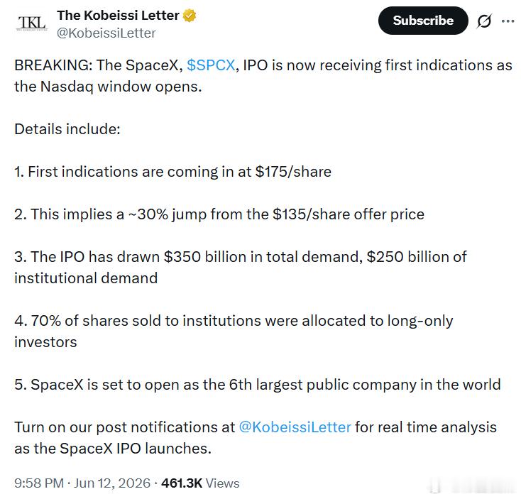 SpaceX首次公开募股随着纳斯达克开盘窗口开启，已开始收到首批报价指引。具体情