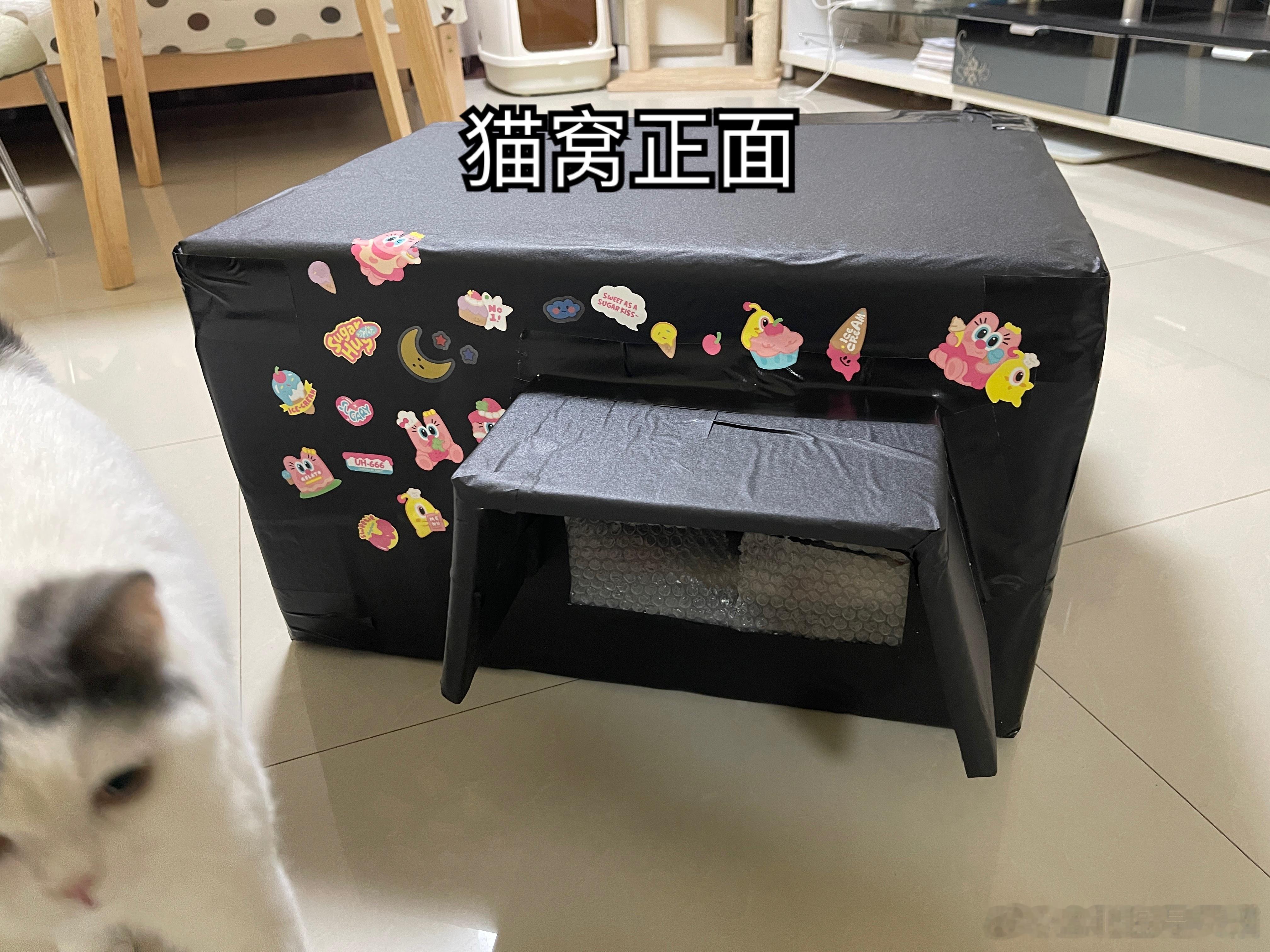 刚才做完猫窝，突然想到之前的一个想法，于是又加工了一下，在猫窝的背面开了一个逃生