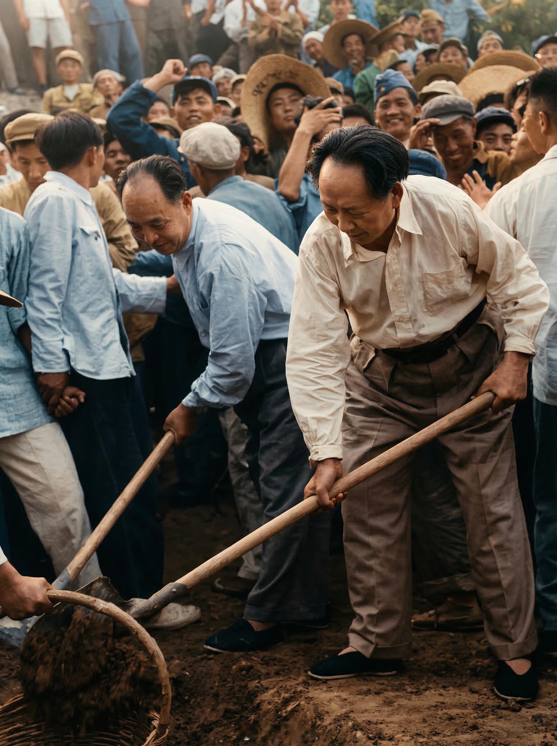 毛泽东同志 人声鼎沸的工地上，他和所有人一样，卷着袖口，奋力地挥着铁锹。没有前呼