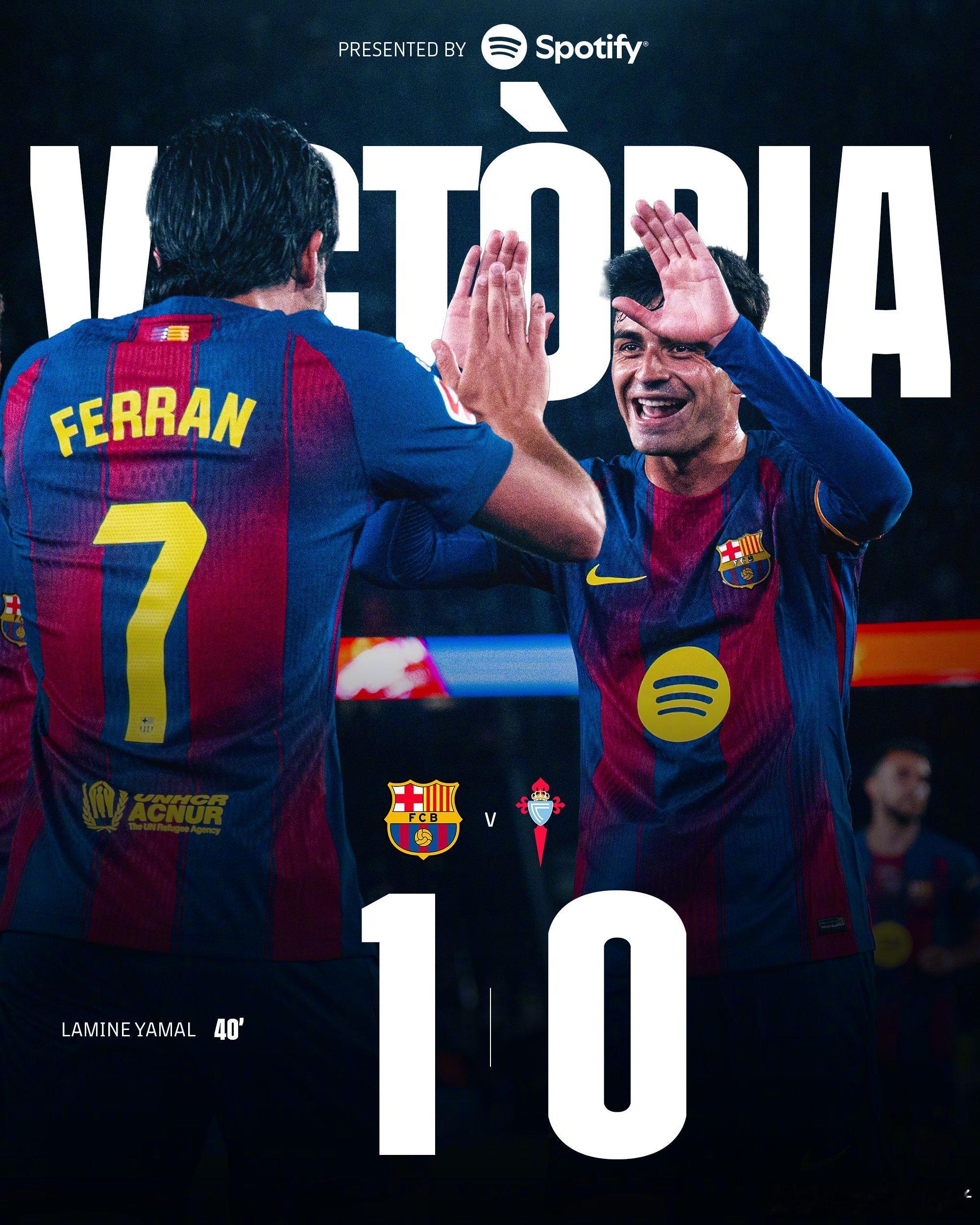 西甲联赛全场比赛结束，巴塞罗那 1-0 塞尔塔进球：拉明·亚马尔40’（点球）巴