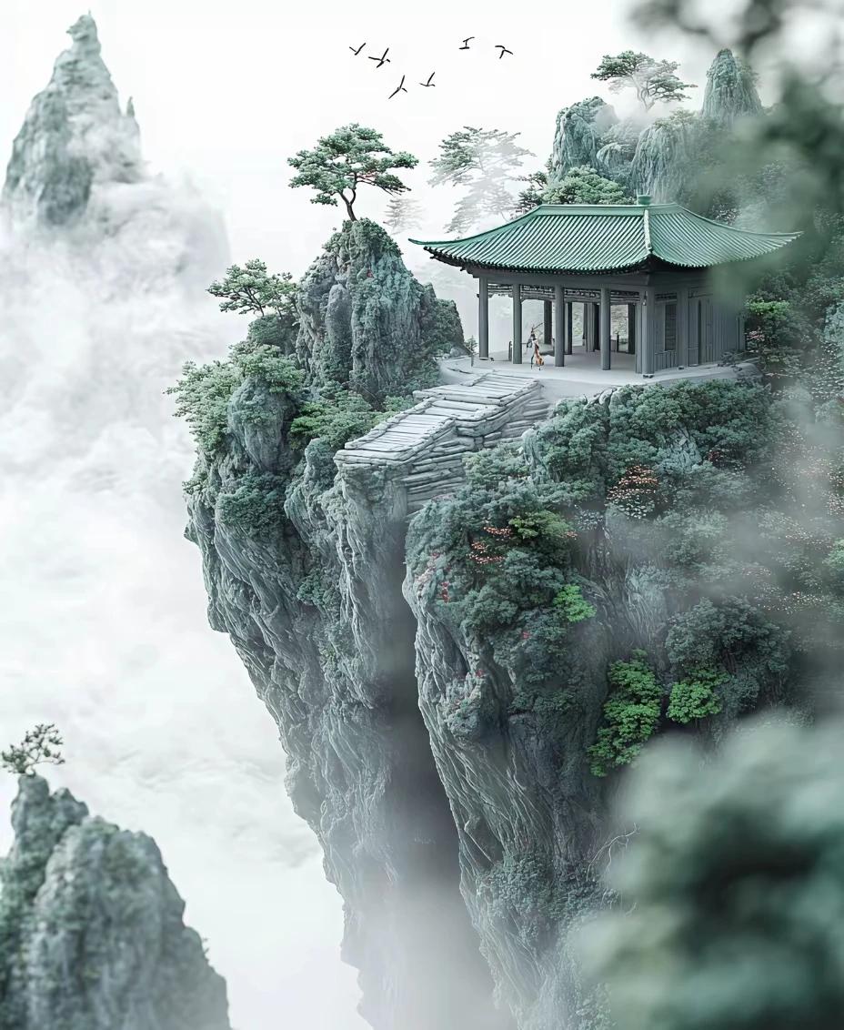 上联：孤峰拔地撑亭宇
下联：海市蜃楼悬空中