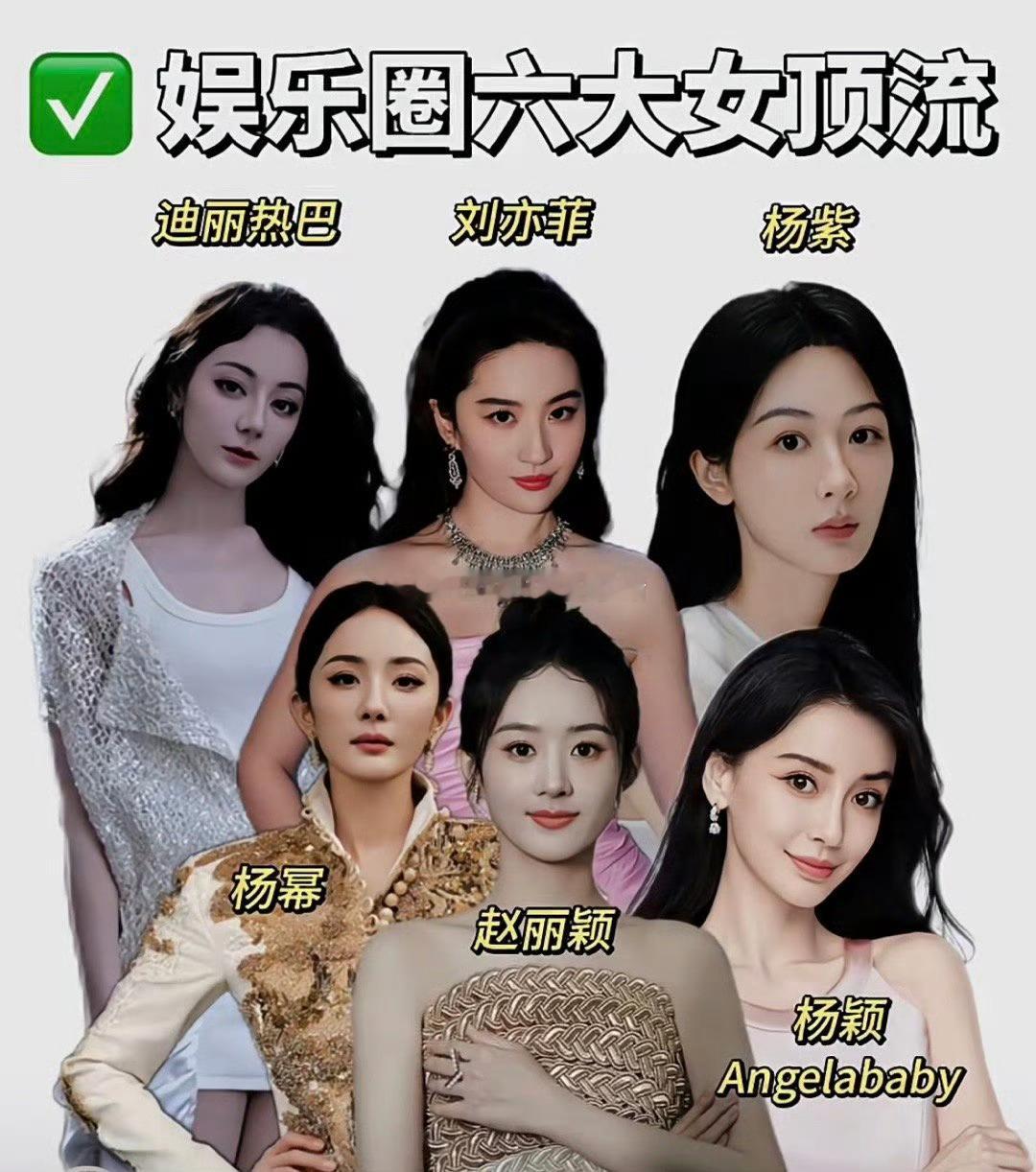网友评内娱六大女顶流 ​​​赵丽颖，杨幂，杨颖迪丽热巴，刘亦菲，杨紫 ​​​