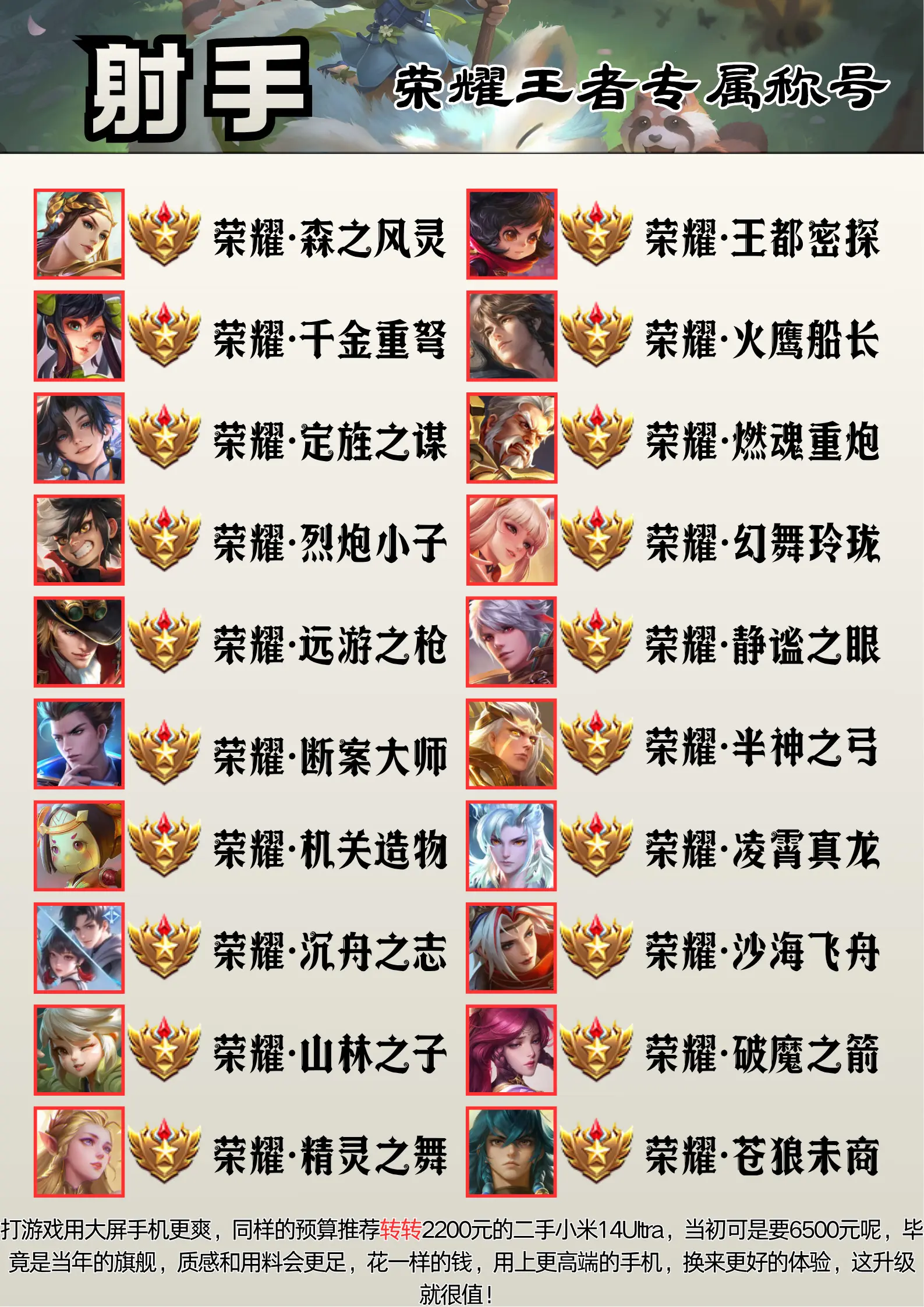 射手英雄荣耀称号大全，赛季末你拿到哪个了？