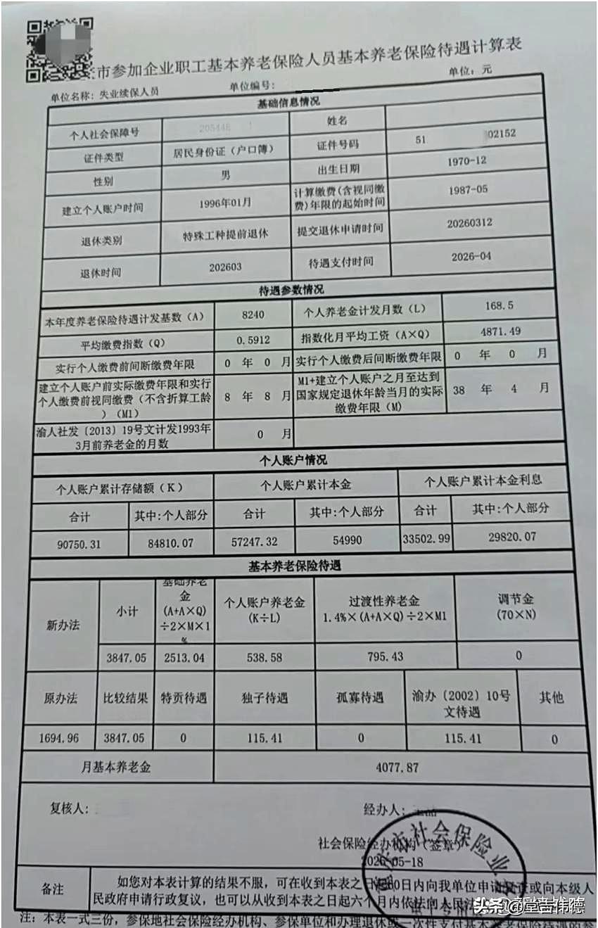 这份是重庆市2026年企业职工特殊工种提前退休的养老金核定表，结论先行：月养老金