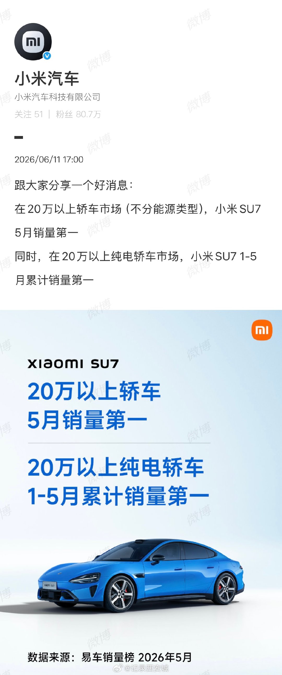 【小米汽车再发SU7战报 】20万以上轿车市场小米SU75月销量第一6月11日，