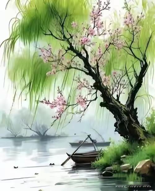 天净沙·春景
红花翠柳轻烟，
薄雾远岭青山，
碧水扁舟岸畔。
春风送暖，
枝头鸟