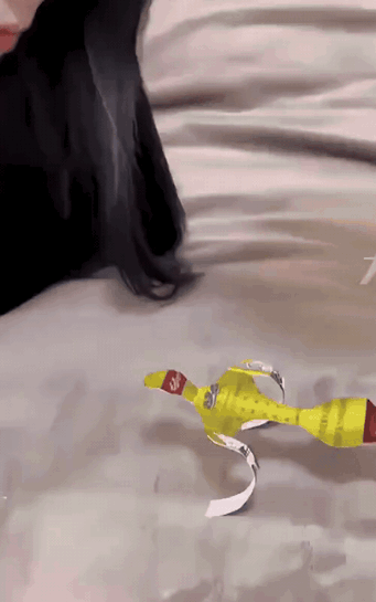 一男一女在家玩小游戏，制作了一个小纸人，看谁吹的像俯卧撑运动一样。
小姐姐一抬头