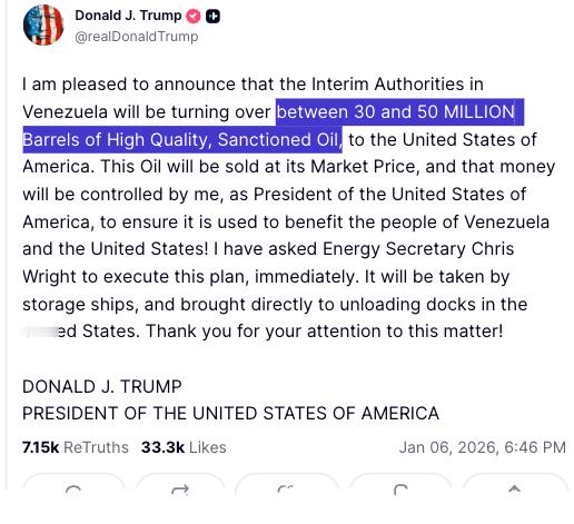 委内瑞拉或将移交3000至5000万桶石油特朗普开始安排抢委内瑞拉石油这才几天，