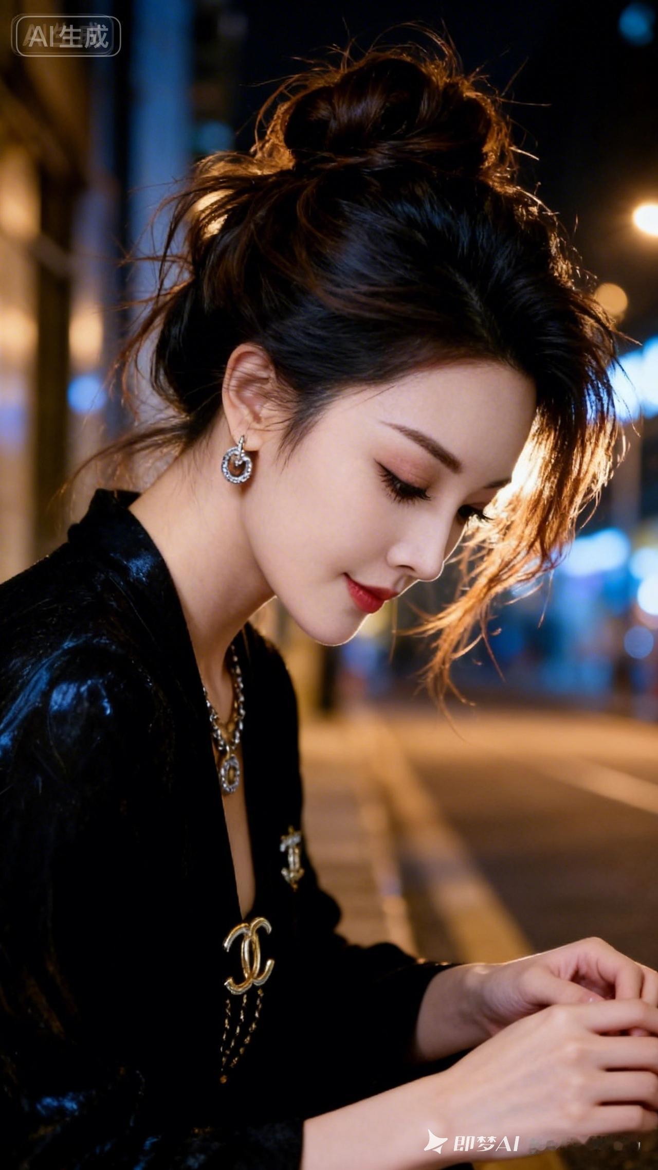 美女气质知性温柔，狭长凤眼绝美含情，长睫毛清透细腻，眼神魅惑有故事。发丝凌乱，佩