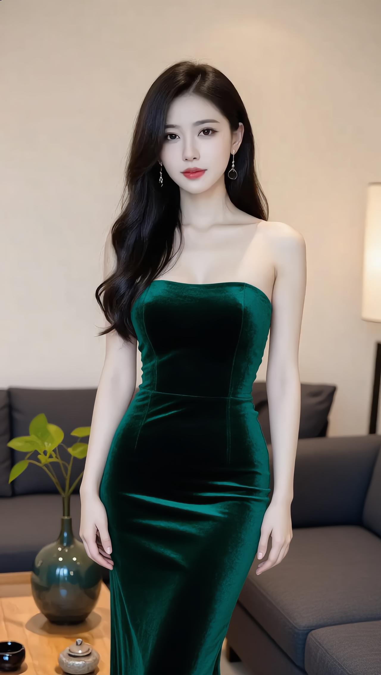 优雅绿丝绒连衣裙，尽显高贵气质！