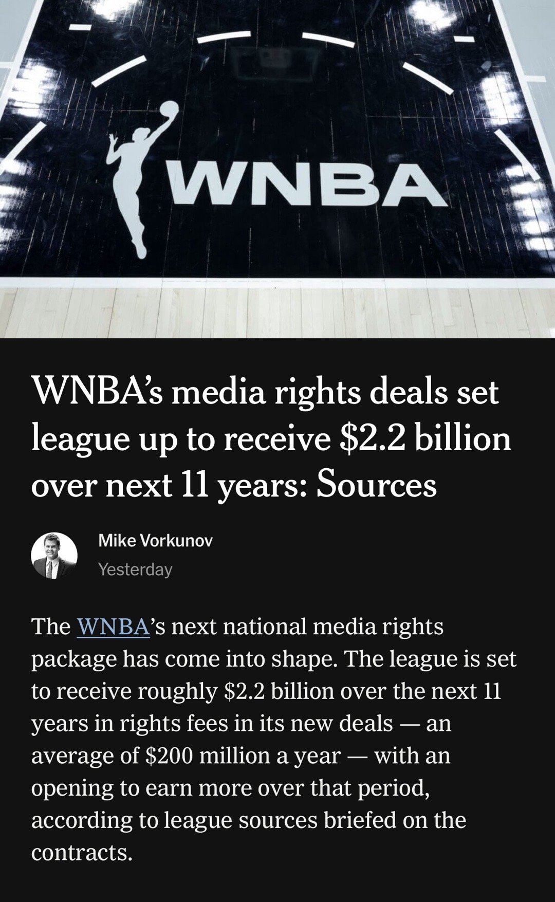 据TA报道，WNBA已经锁定了11年22亿美金的转播合同，目前的转播合同将在20