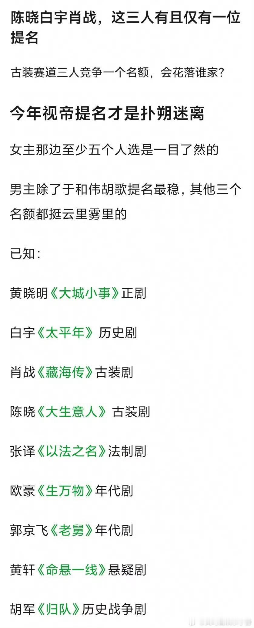 网友热议这届白玉兰视帝提名，陈晓、肖战、白宇三位古装男主只能三进一吗？你期待谁进