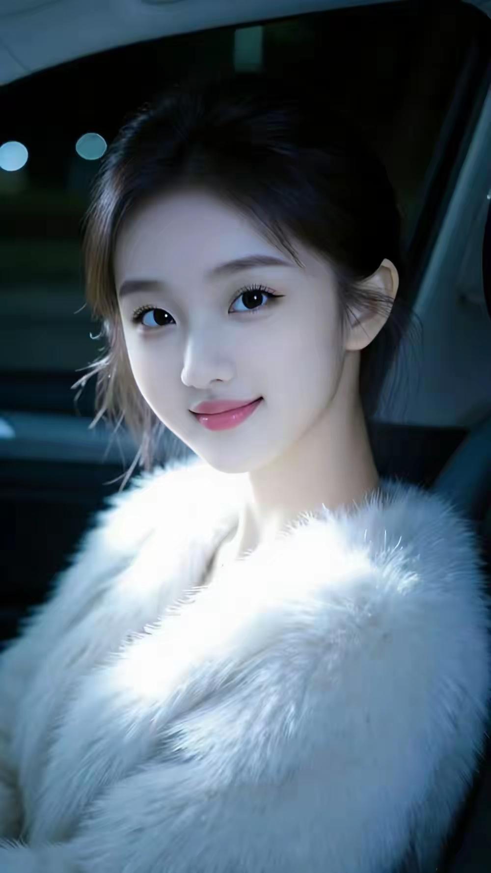 夜晚车内的温柔少女，白色毛绒外套，甜美笑容🍒💝🌴