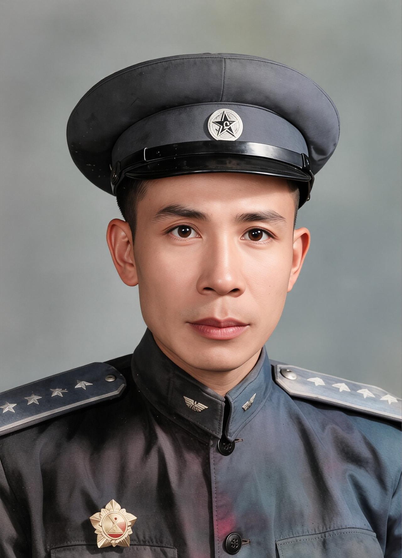 1955年，开国大尉——何健生的一张留影，镜头中，他五官端正，意气风发