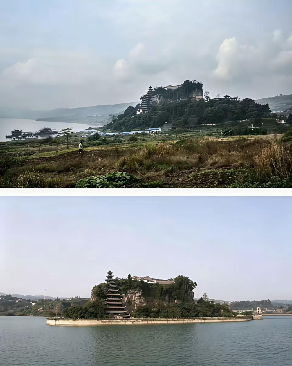 这是重庆忠县的石宝寨。三峡蓄水前后对比的标志性地点。

现在已经成了著名的旅游打