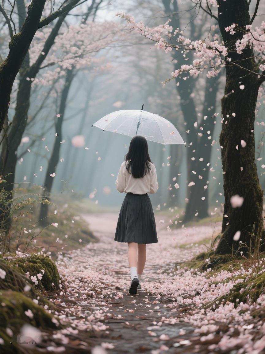 AI妙生图细雨携樱瓣纷飞，于小径漫步，在落花里寻一方静谧，静听时光的低语🍃