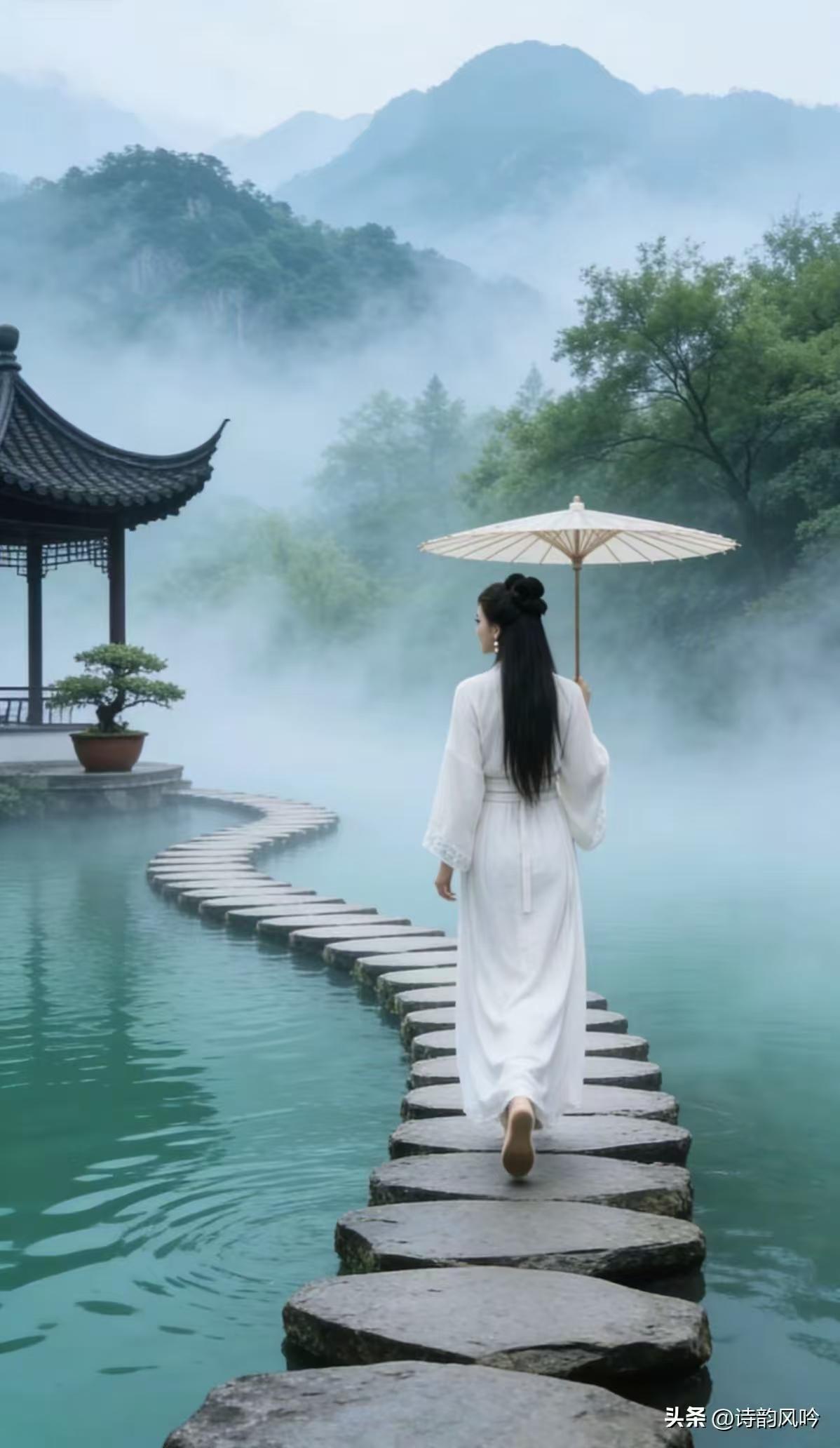 天净沙·山遇
烟岚漫卷青山，
素裳踏石溪寒，
纸伞幽怀半掩。
云停风软，
有人立