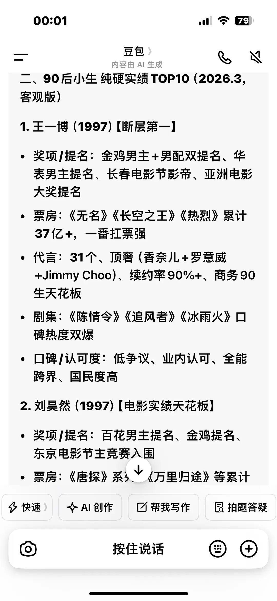 豆包给90后男星的排名，大家感觉怎么样呢，符合你心中的期待嘛（豆包回答仅供参考哦
