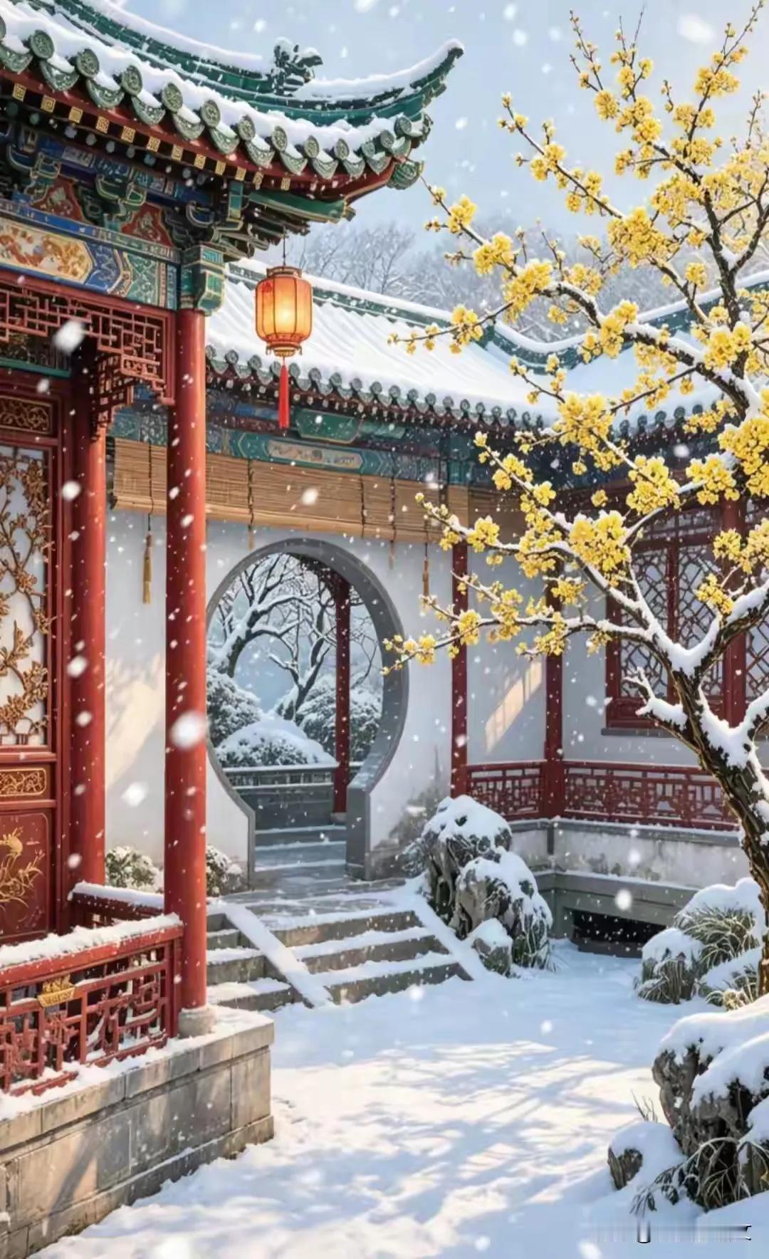 古院飞雪梅凝艳，
新居有情屋聚财。
横批：《凝艳与聚财》