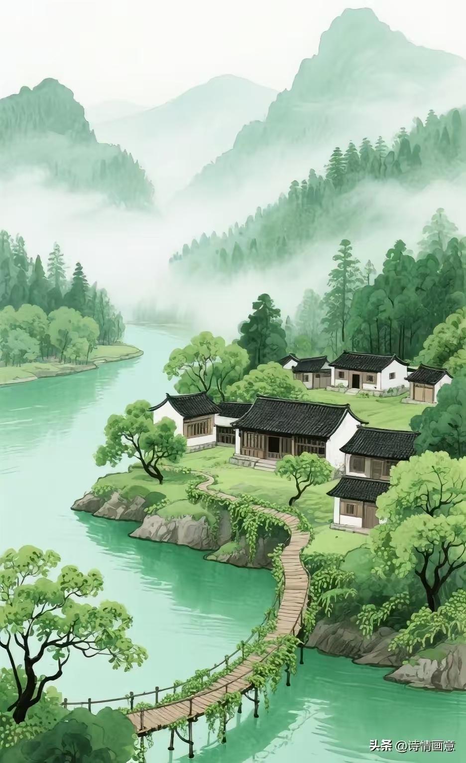 天净沙·村景
一湾碧水村流，
翠峰含雾楼头。
木栈通幽径守。
清风盈袖，
鸟声啼