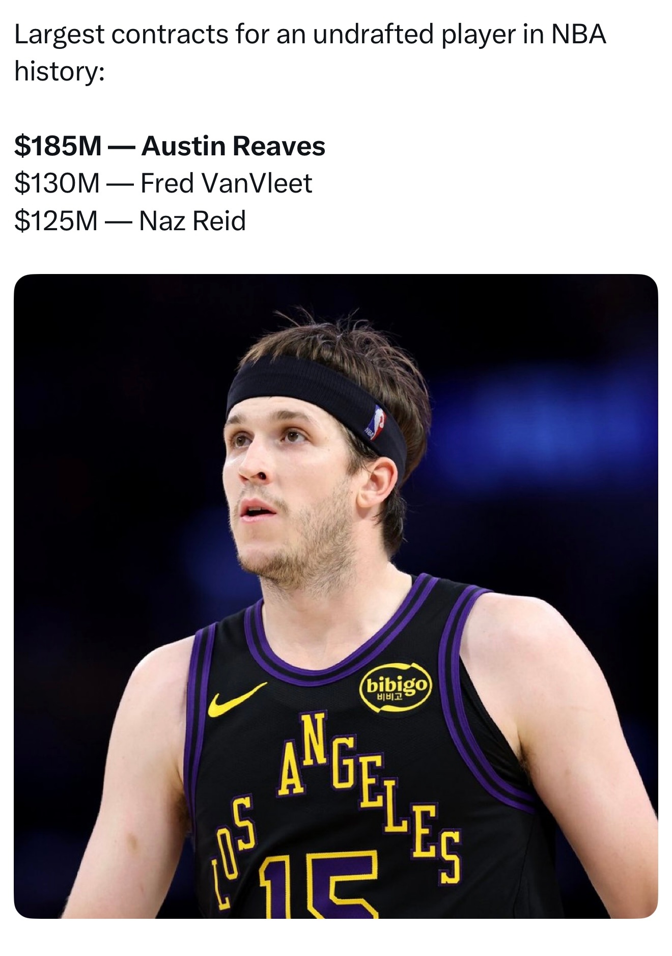 NBA历史落选秀的合同金额排名：1.里夫斯 1.85亿美金2.范弗里特 1.3亿