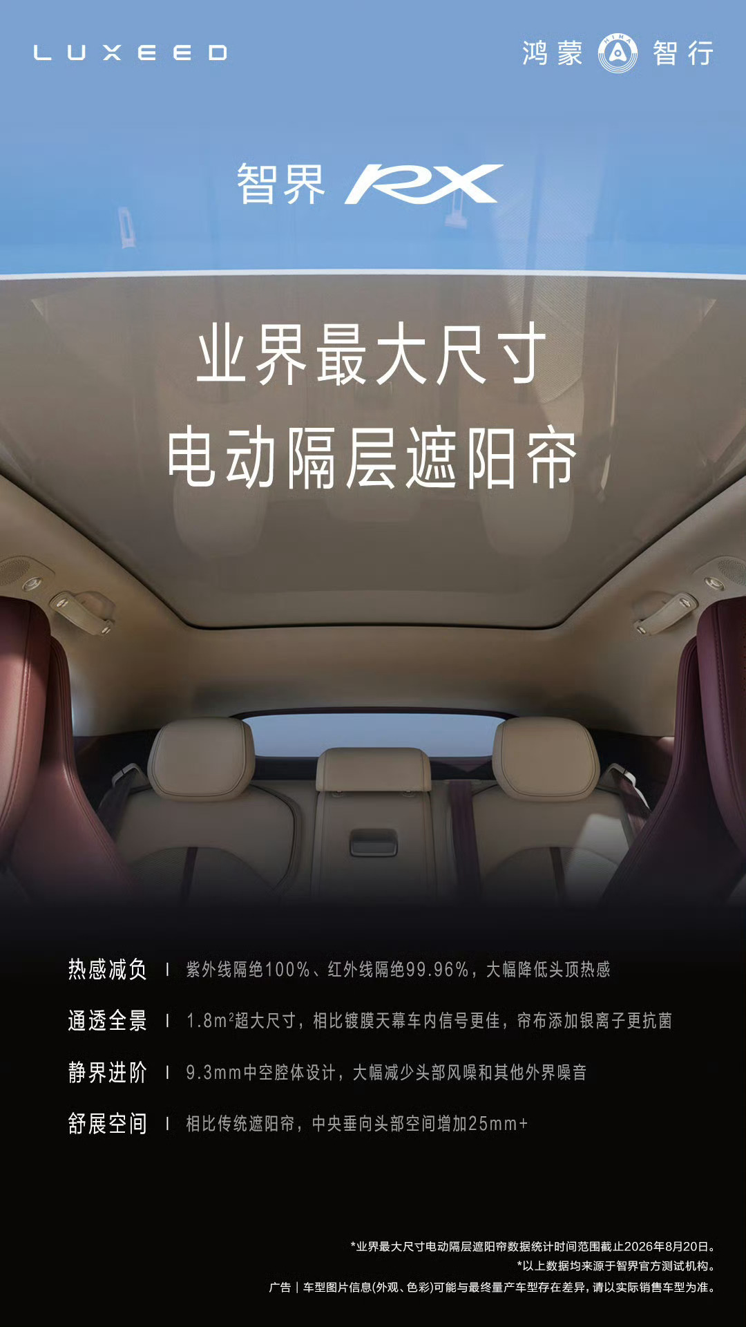 智界RX也配备了夹在天窗玻璃中间的遮阳帘，很好的设计~第一台车有这个配置的是昊铂