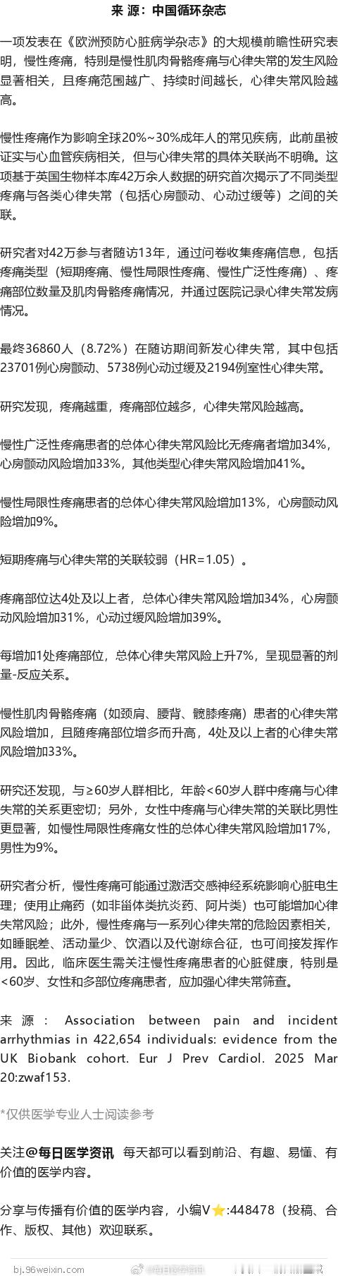 警惕！慢性疼痛，增心律失常风险！欧洲预防心脏病学杂志研究一项发表在《欧洲预防心脏