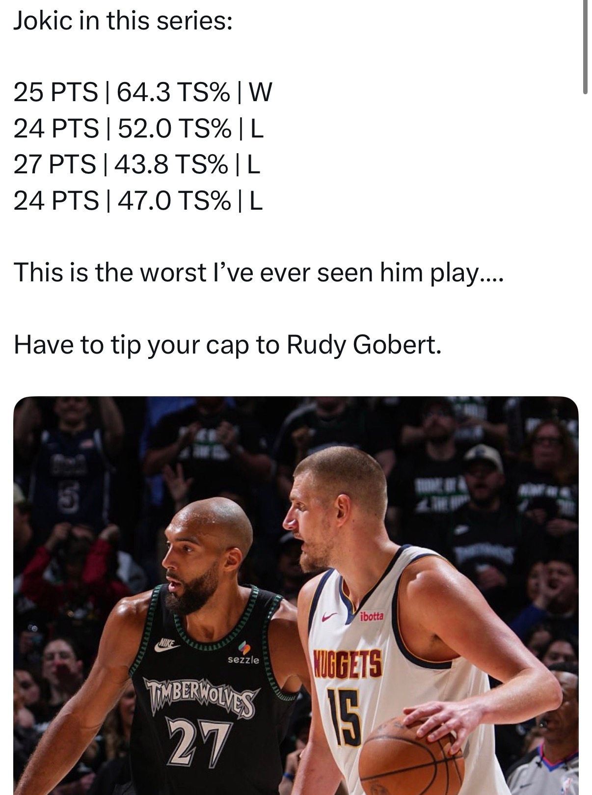 这确实是自从约基奇成为MVP起，看过他最吃力的一轮系列赛，进攻端要面对法棍，防守