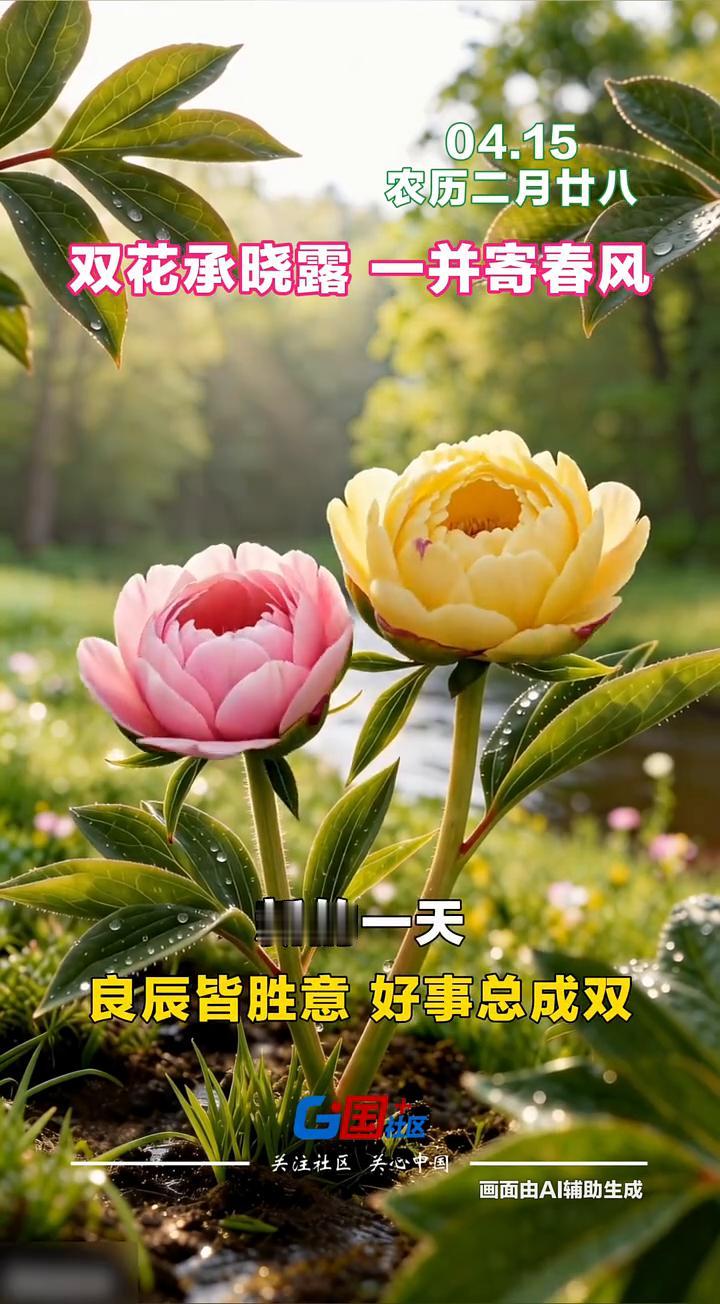 农历二月廿八，双花承晓露，一并寄春风。
新的一天，良辰皆胜意，好事总成双。祝您和