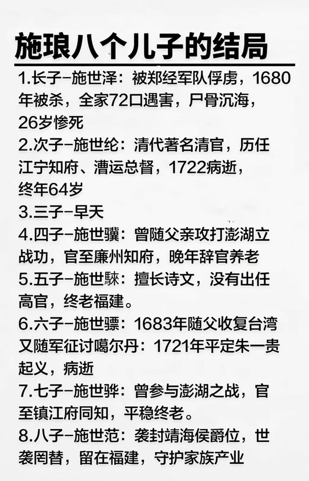 施琅有8个儿子，最后继承爵位、世袭罔替的却是最小的儿子，很诧异！
1. 施世泽：
