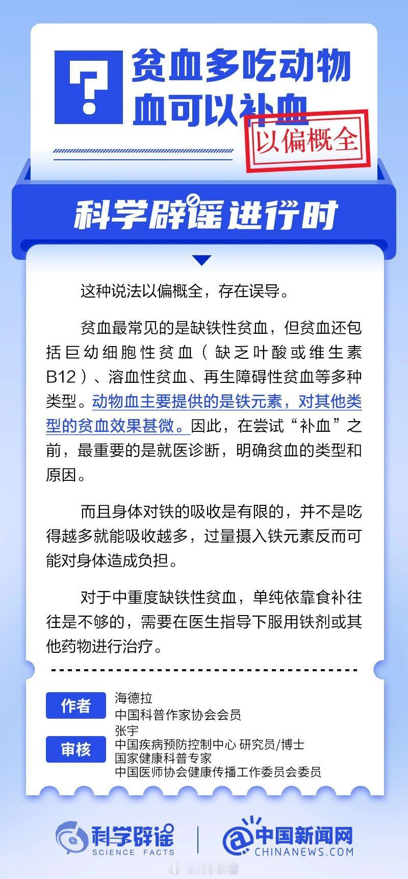 科学辟谣进行时 【贫血多吃动物血可以补血？】这种说法以偏概全，存在误导。贫血最常