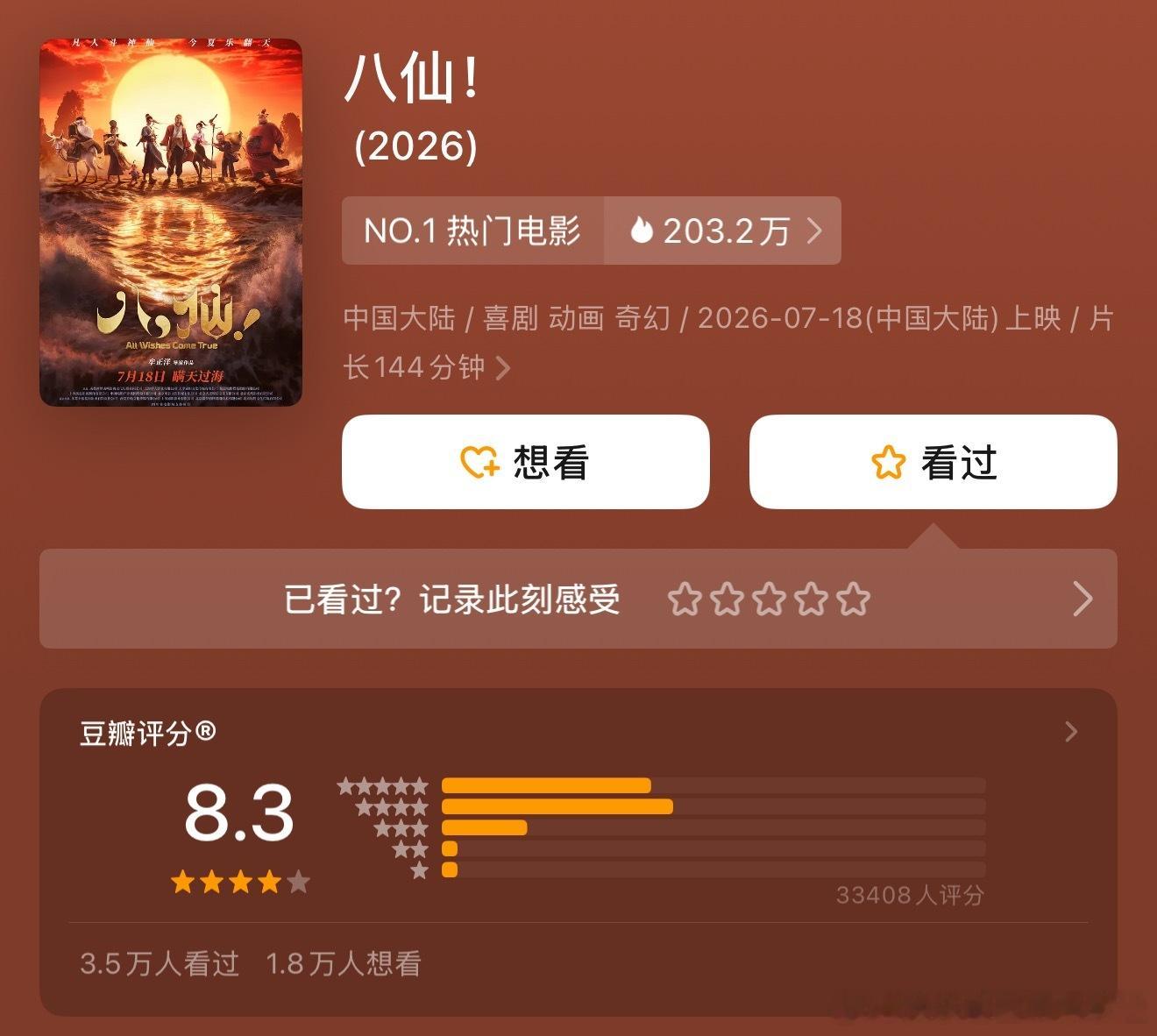 八仙豆瓣开分8.3 好看！是今年电影豆瓣评分的第二名，第一名是给阿嬷的情书。 