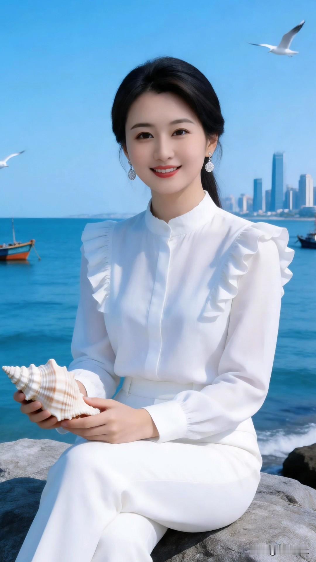 海边出片的终极密码，藏在这套极简白月光穿搭里。立领荷叶边白衬衫自带柔光滤镜，微透