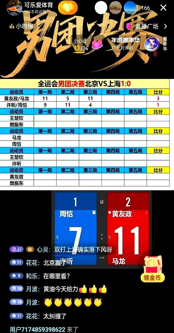 全运会男团决赛，胜负已定。北京队有95%的胜算，因为两队都把输赢的希望放在第一场