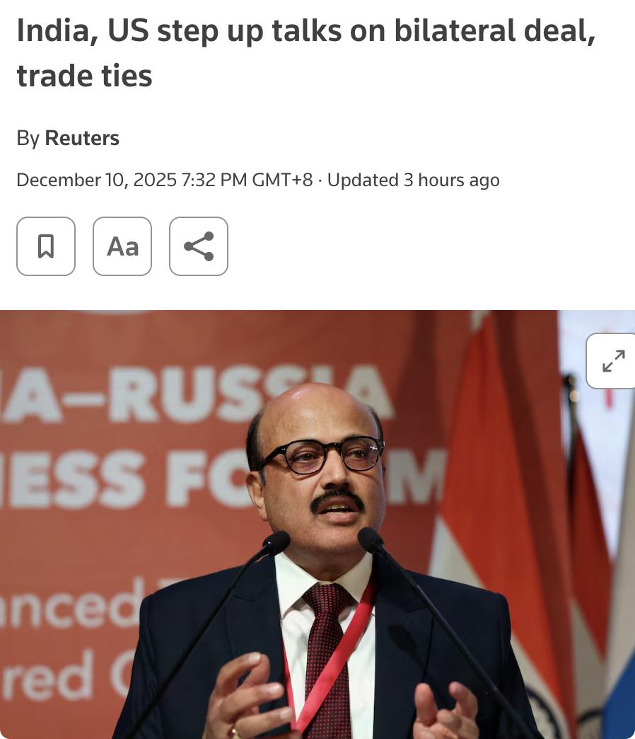 外媒：2025年12月10日，印度商务部长与美国副贸易代表在新德里会面，讨论双边