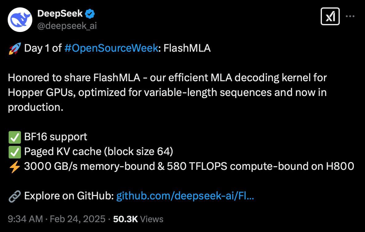 Deepseek开源FlashMLA：高效MLA解码内核，专为Hopper GP