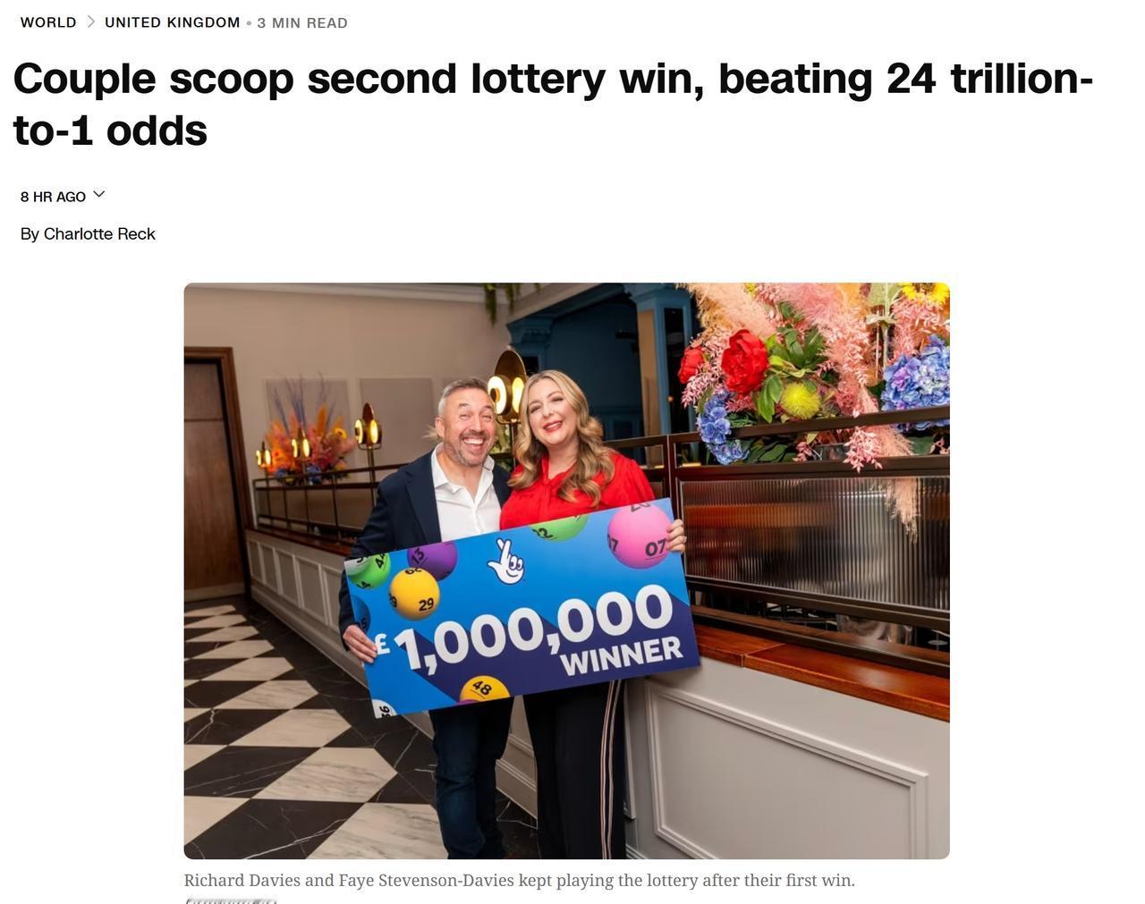 英国夫妇俩次赢得百万大奖，概率24万亿：1

英国威尔士一对夫妇，49岁的理查德