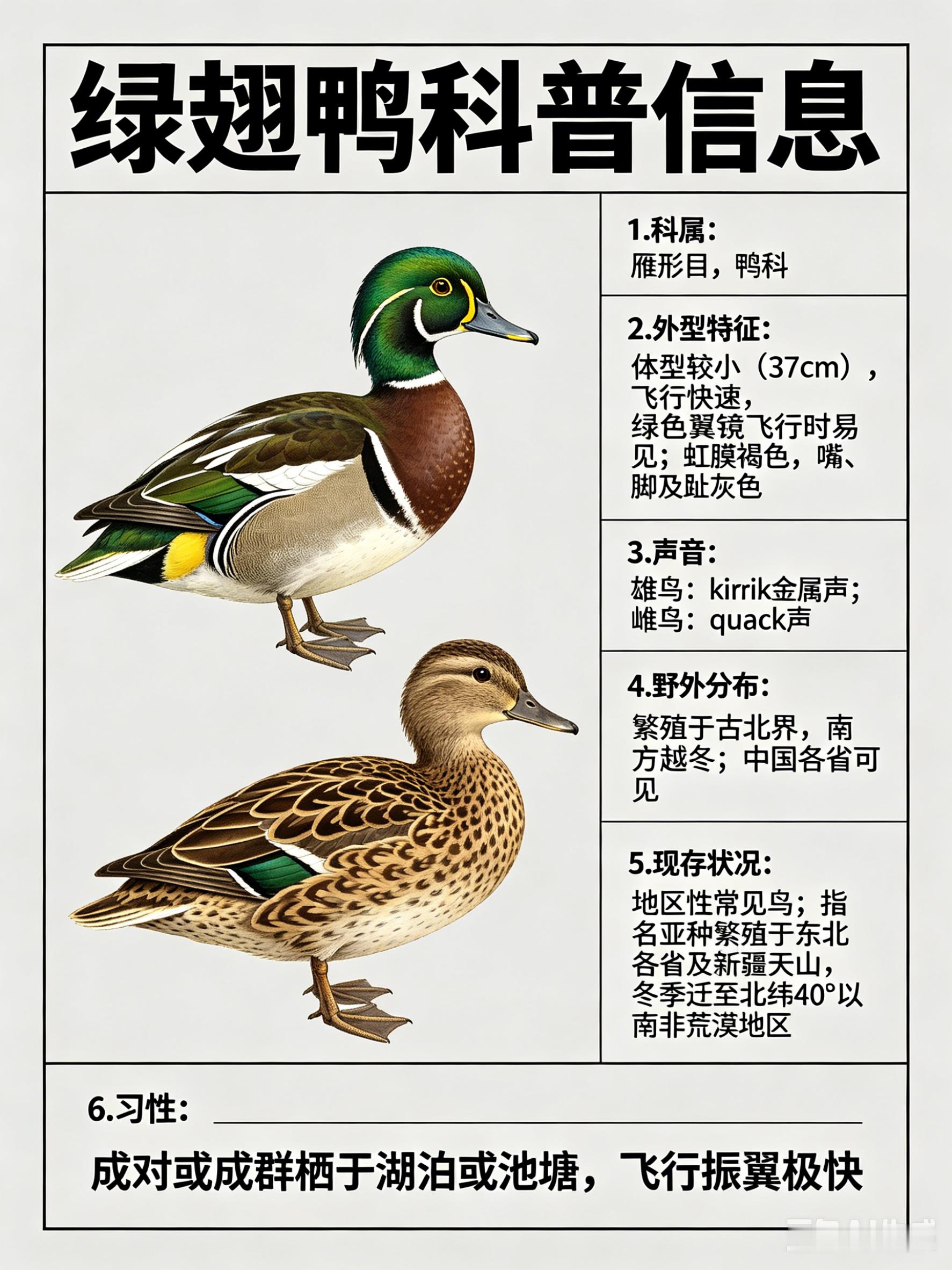 鸟类朋友图鉴 绿翅鸭·科属：雁形目，鸭科。·外形特征：体型较小（37cm）、飞行