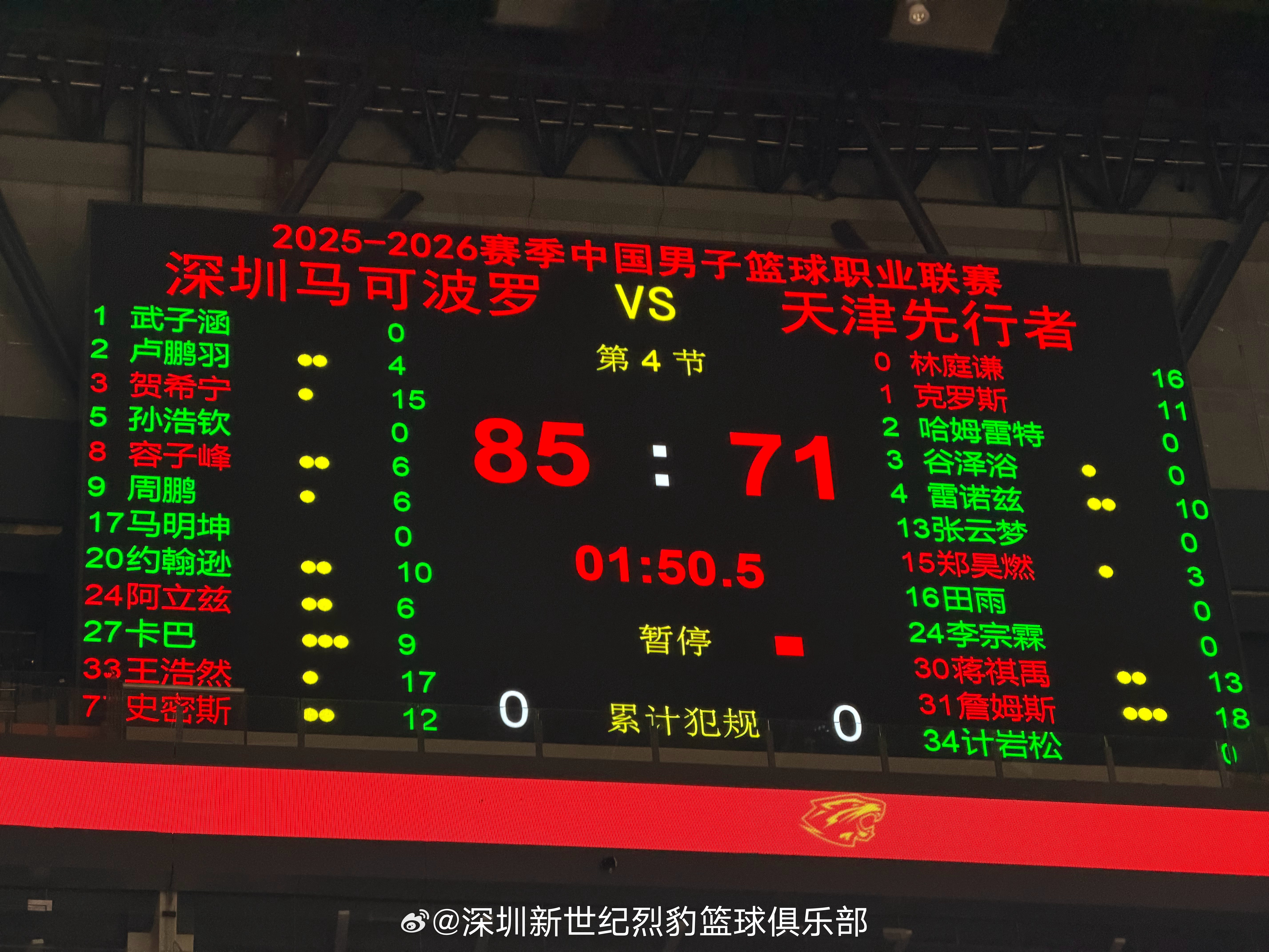 深圳男篮vs天津男篮 第三节比赛结束，深圳马可波罗85:71暂时领先深圳马可波罗
