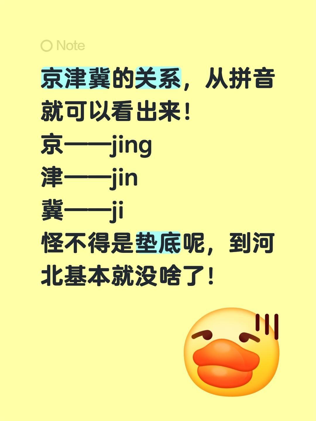 京津冀的关系，从拼音就可以看出来！
京——jing
津——jin
冀——ji
怪