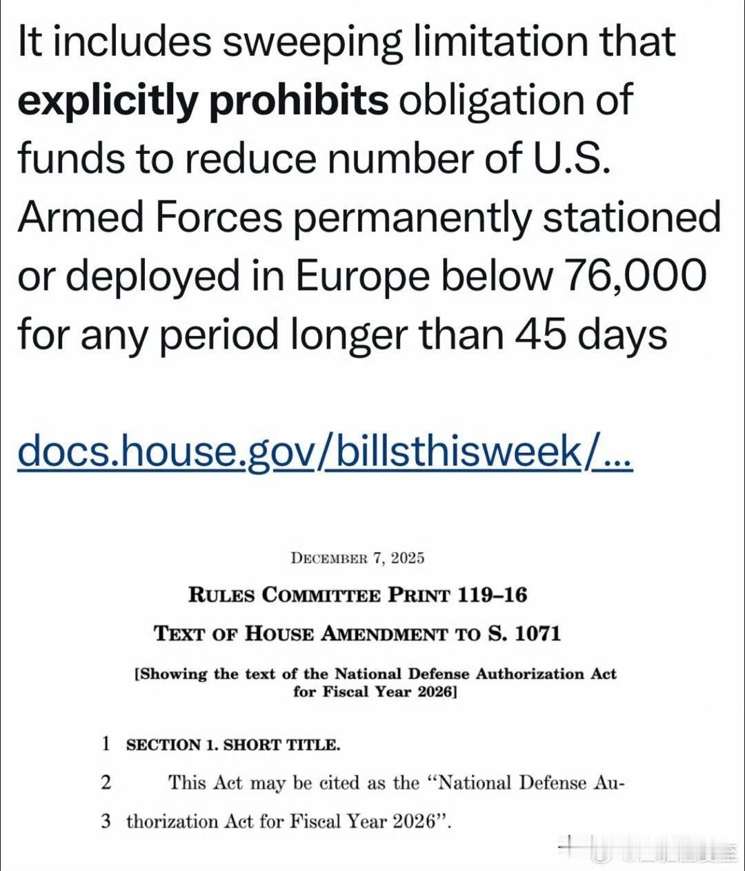 美国国会的国防授权法案，与联邦政府的国家安全战略，对待欧洲，有重大区别有显著区别