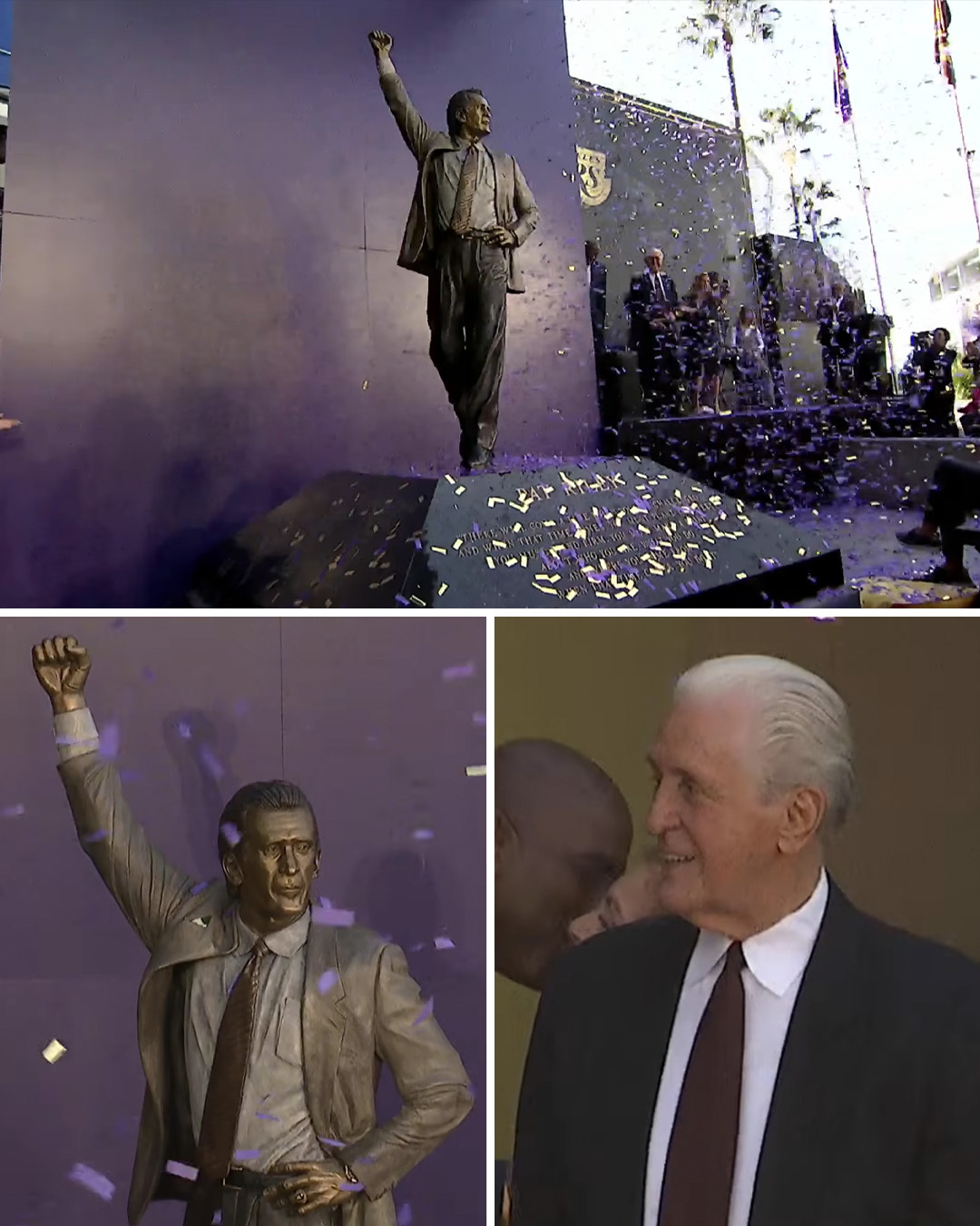 今天湖人主场球馆外揭晓了帕特·莱利的雕像，他成为湖人队第8位拥有雕像的成员。有人