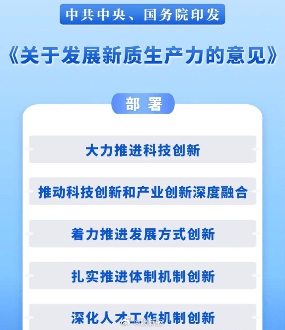 科技大利好来了，中共中央、国务院印发《关于发展新质生产力的意见》！部署19项重点