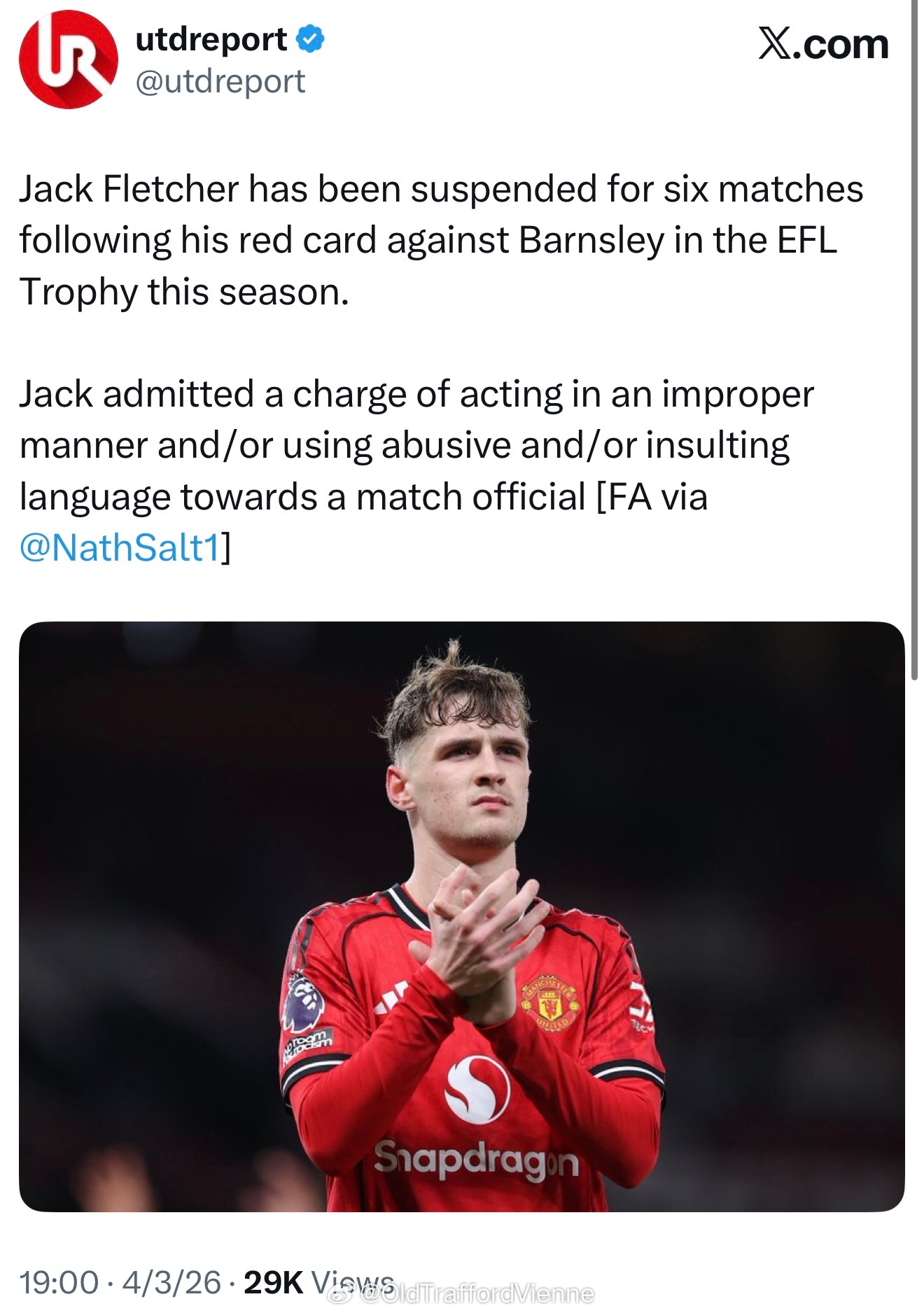 弗莱彻儿子杰克弗莱彻被禁赛6场。比赛中言行不当呗罚红牌，并且追加了处罚。球员致歉