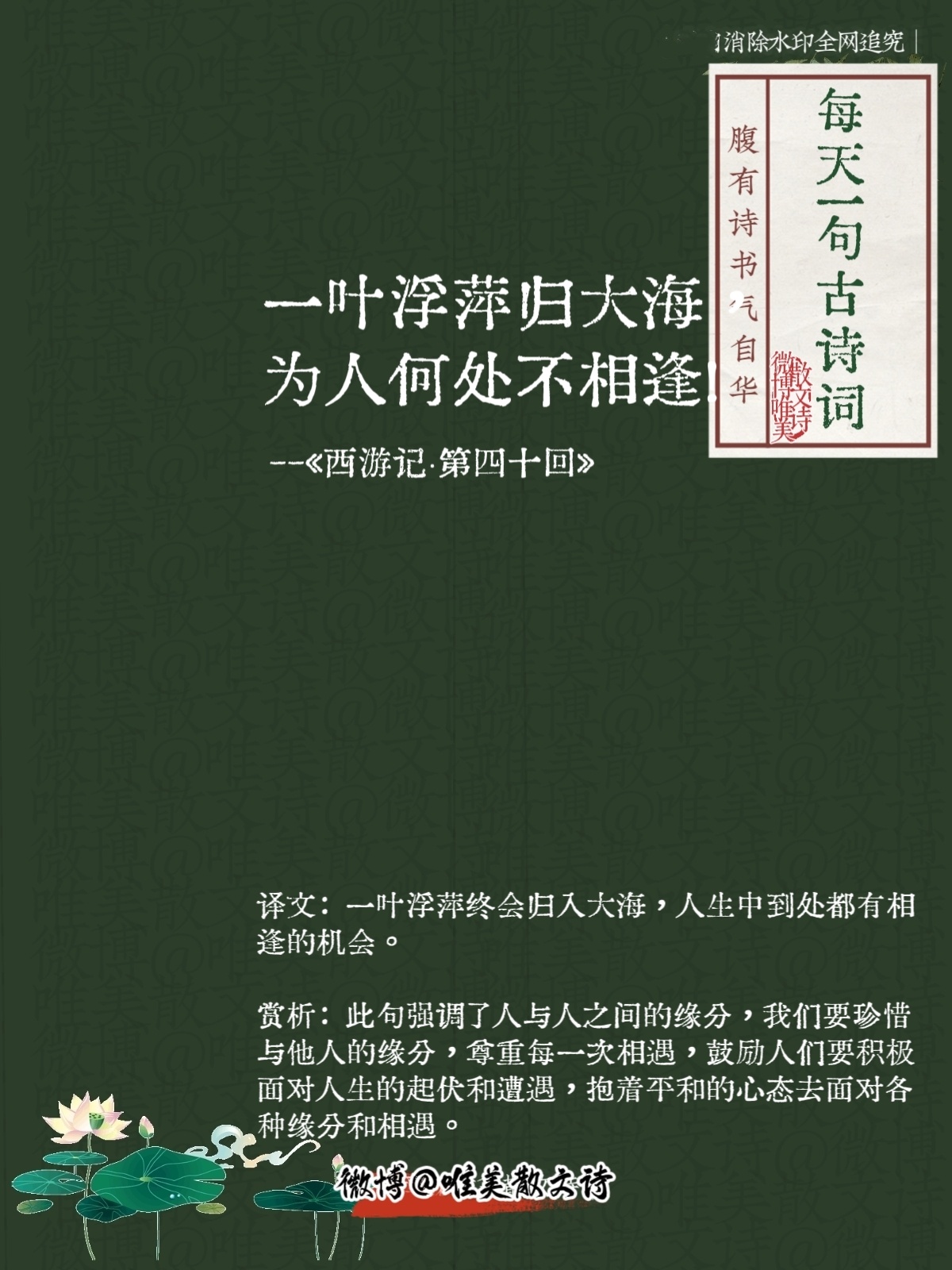 “一叶浮萍归大海，为人何处不相逢！”--《西游记·第四十回》 ​​​