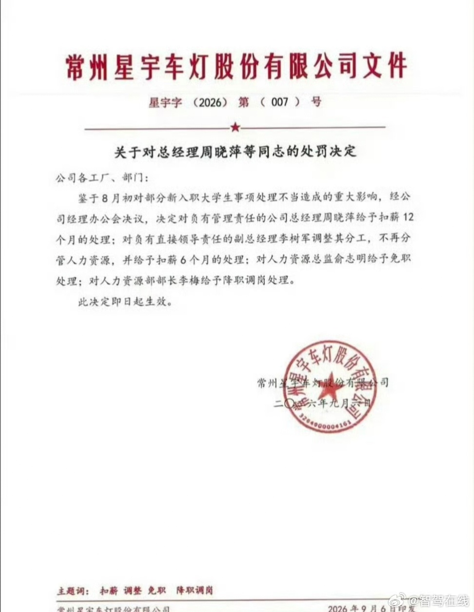 星宇股份发布情况通报星宇股份解约应届生事件后续一纸内部处罚通报，把星宇股份“自罚