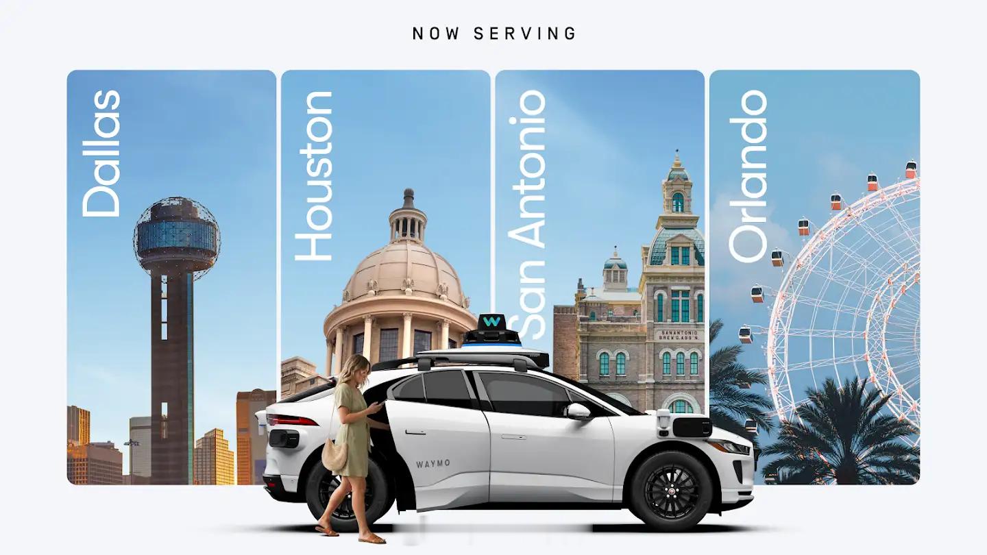 Waymo 官宣在美国得克萨斯州的达拉斯、休斯顿、圣安东尼奥以及佛罗里达州的奥兰